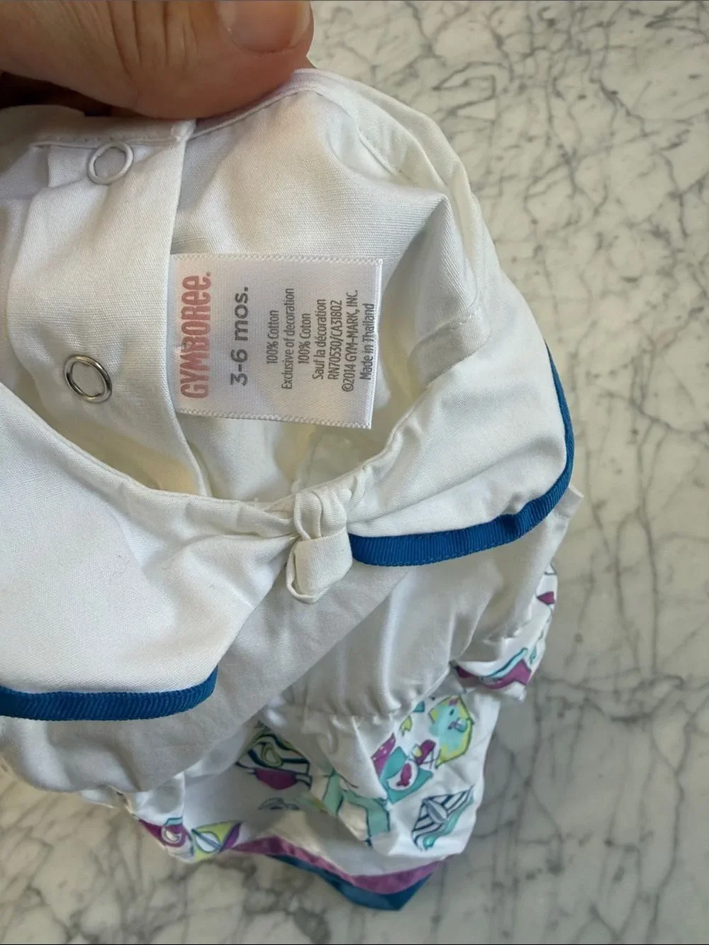 Gymboree Sz 3-6 Mo Hippo White Nautical Print Dress With Bloomers Blue Trim